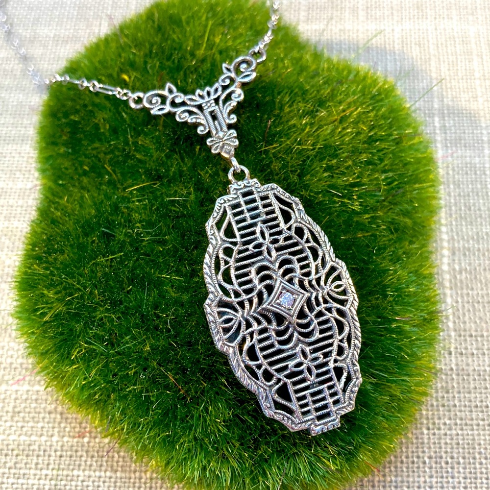 Beautifully Ornate Filigree Sterling Silver and Diamond Necklace